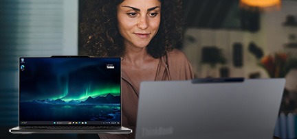 A person working at a computer superimposed with a picture of a Lenovo ThinkBook 13x 